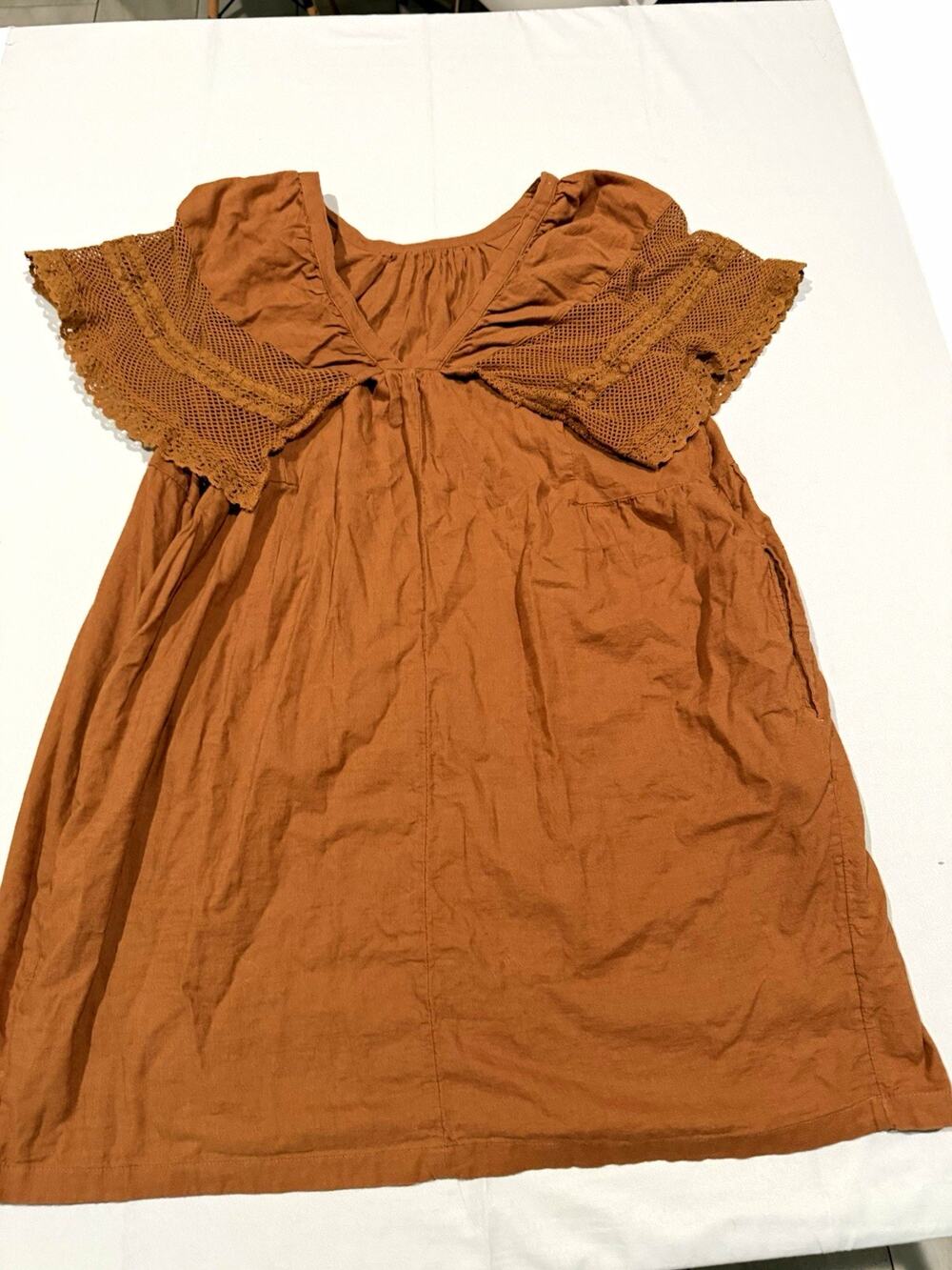 Old Navy Brown Crochet Lace Shift Dress V-Neck Cap Sleeve Pockets Size L